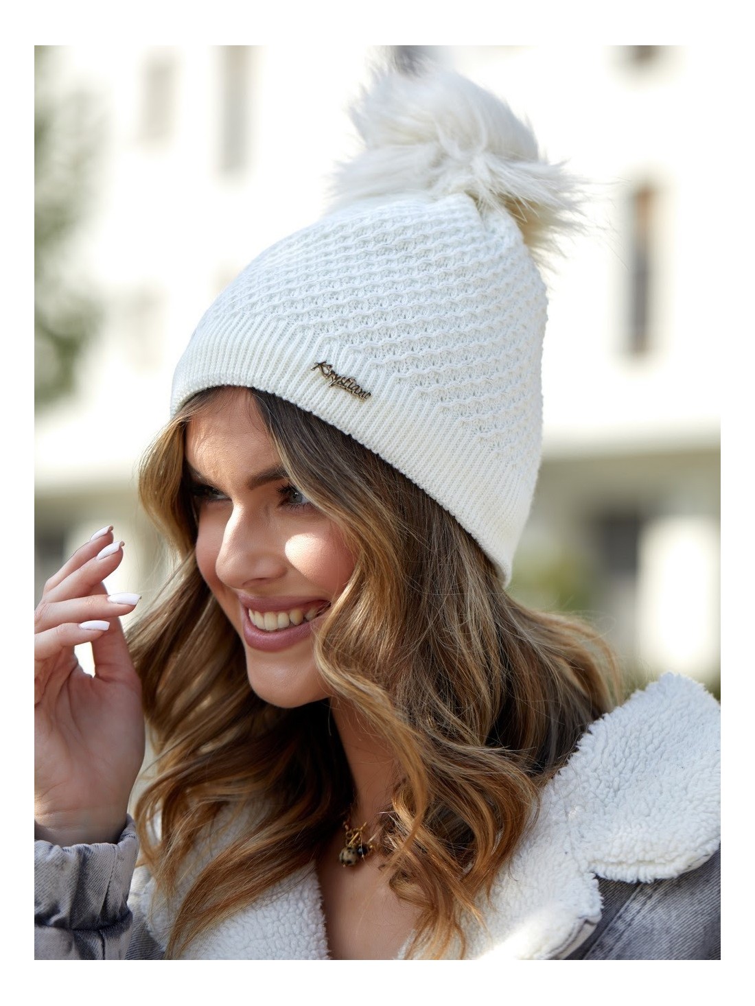 Cream hat with silver thread for winter C16 - Online store - Boutique